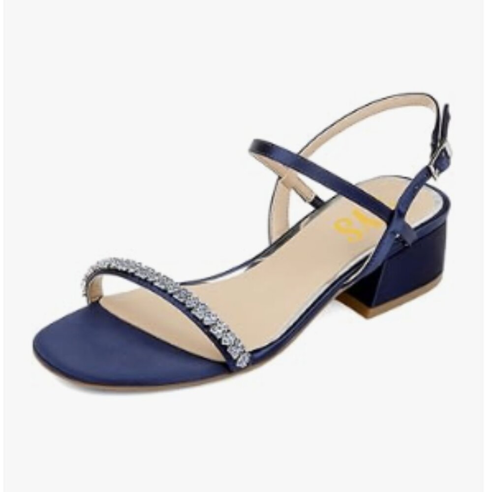 Crystal-Trim Navy Low Block Heel Sandals